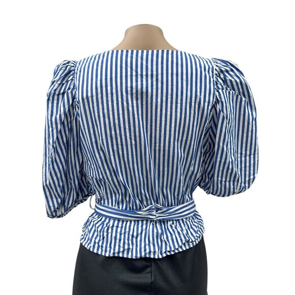 Zara‎ Puff Sleeve Striped Wrap Blouse Rhinestone Belted Waist Blue White Women S - Picture 3 of 12